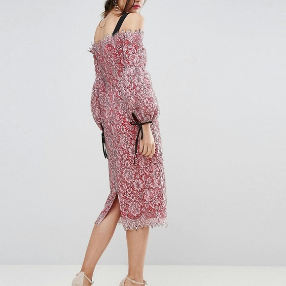 ASOS extreme sleeve Bardot pencil lace midi dress with contrast trims - Picture 4 of 9